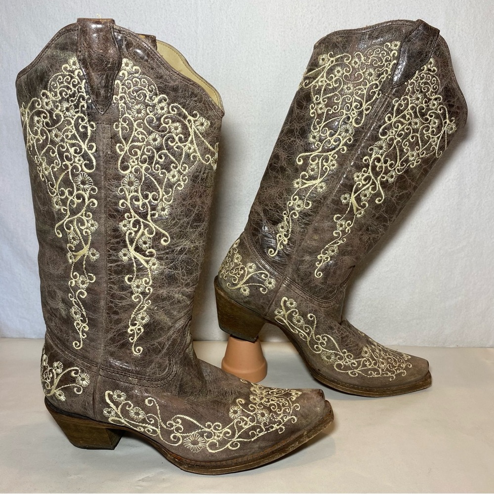 Corral Cowgirl Boots Crater Bone Embroidery Leather Western Snip Toe Women 7.5 M - Picture 3 of 10